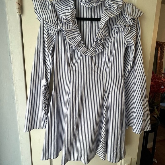 Caroline Constas Micki Choker V Neck Cotton Striped Ruffle Dress 4 - Picture 11 of 13
